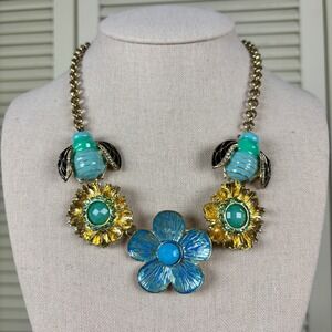 Vintage English Garden Party Gold Blue Green Flower Bee Jewel Statement Necklace